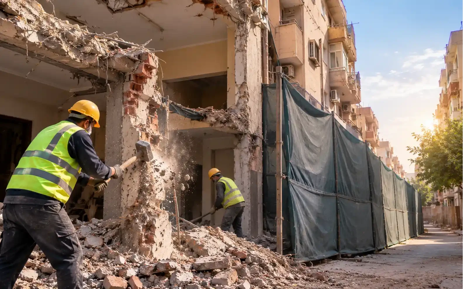 هدم منازل: عاملان يهدمان بيتًا قديمًا يدويًا بالمرزبة وشبك أخضر يفصل الموقع عن الشارع